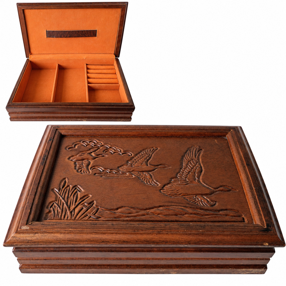 Vintage Rosalco Commodore Wooden Jewelry Box Carved Flying Geese Ducks 12x10x4